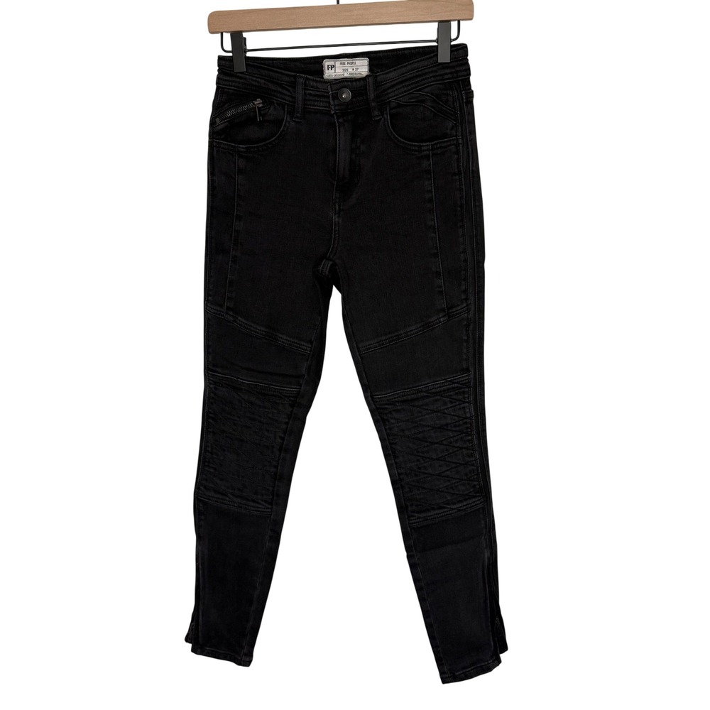 Free People Women's Moto Skinny Jeans Black Quilted Knee Ankle Zip‎ Size 27